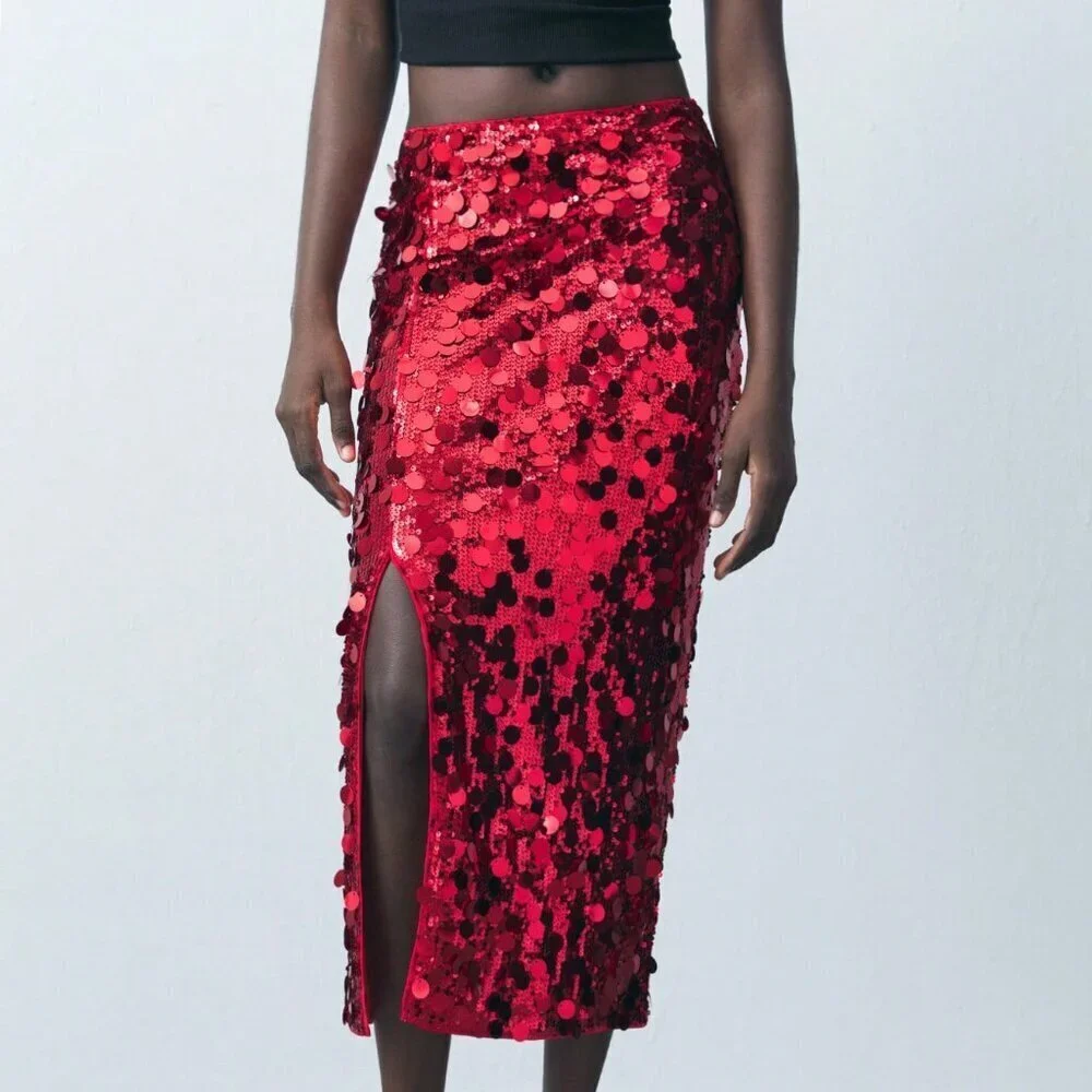 Red Party Women's Sequin Fitted Split Design Skirt